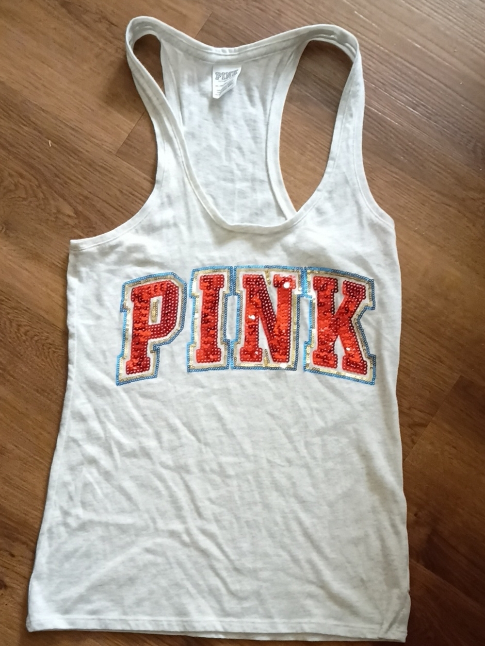 PINK Victoria's Secret White Racerback Tank with Red Sequin Logo and Blue Trim
